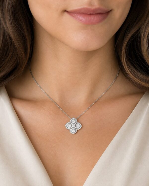 Silver Necklace Rhodium Clover with White Cubic Zirconia