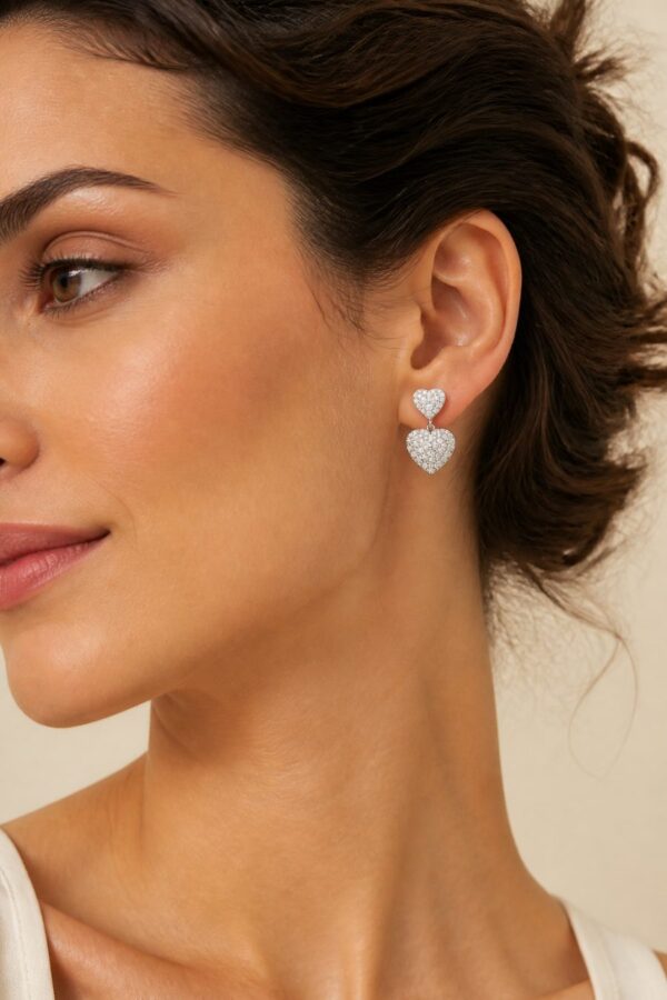 Silver Cubic Zirconia and Large Heart Stud Drop Earrings